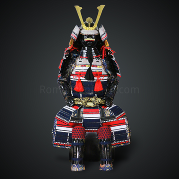 Takenaka Shigeharu Blue and Red Samurai Armor Oyoroi Style Kuwagata Maedate Black Scales Blue and Red Cords